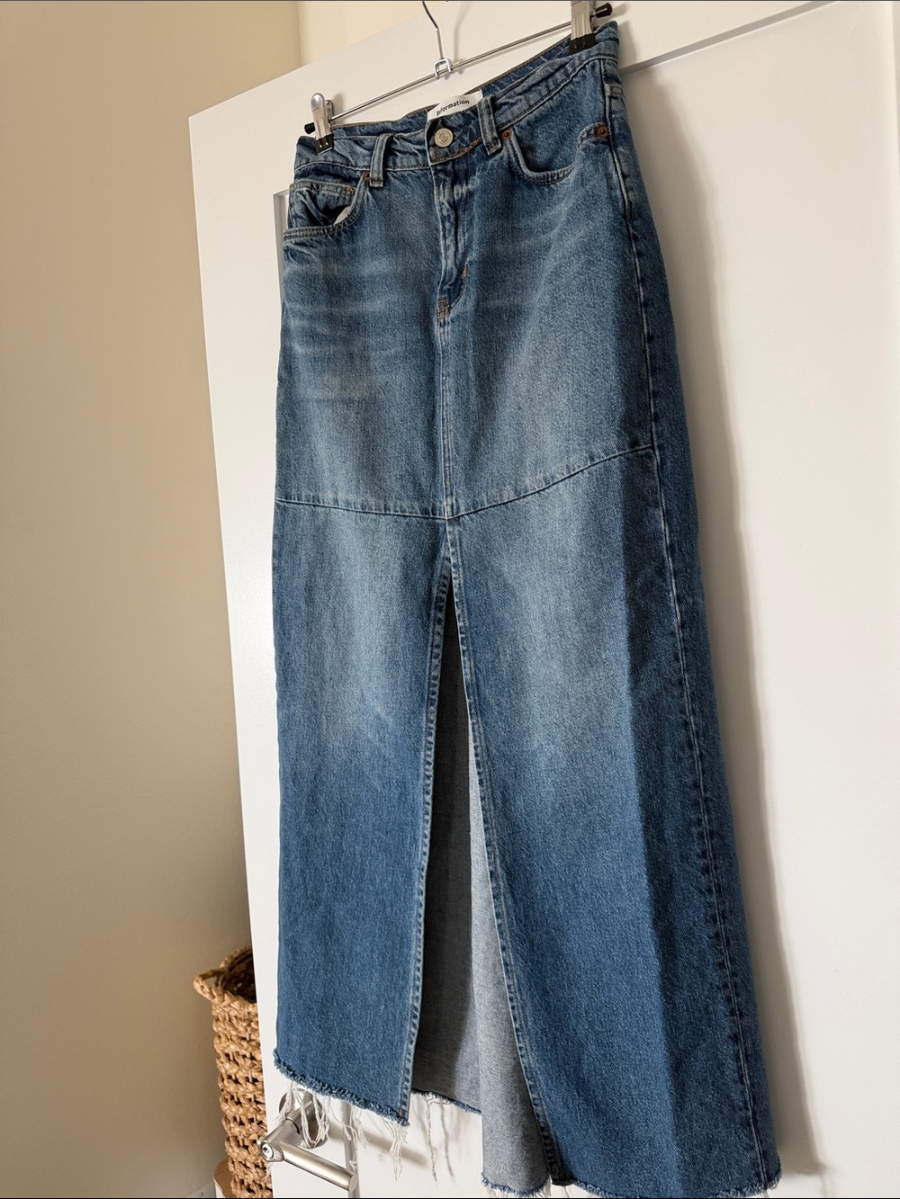 Reformation Blue High-Rise Denim Maxi Skirt with Front Slit